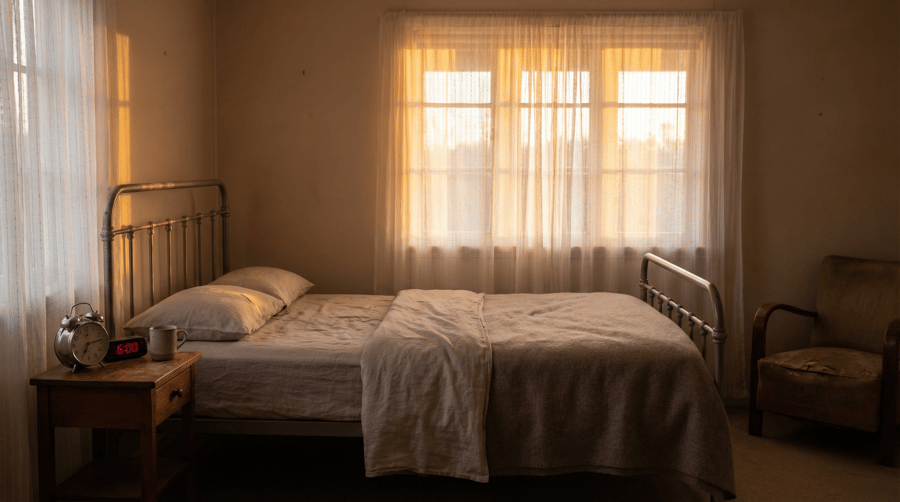 A modest bedroom at dawn, with soft morning light filtering through sheer curtains onto a neatly mad