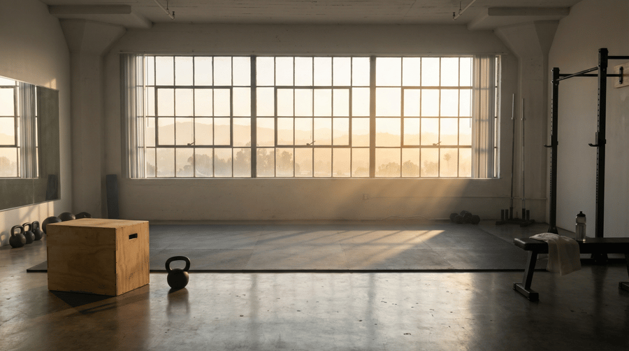 A sunlit, minimalist home gym in the early morning, with a clear floor space and a large window lett