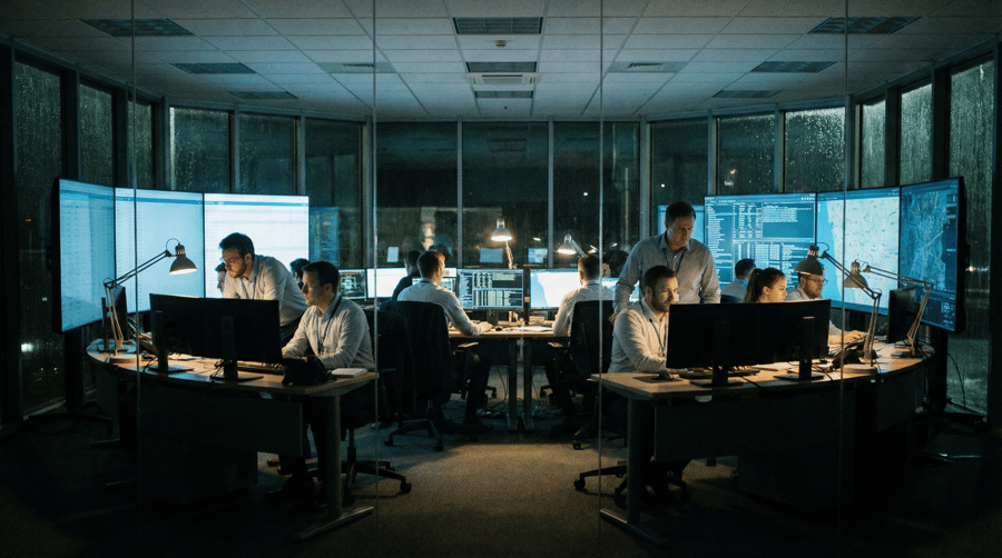 office, humming, glass-walled command center